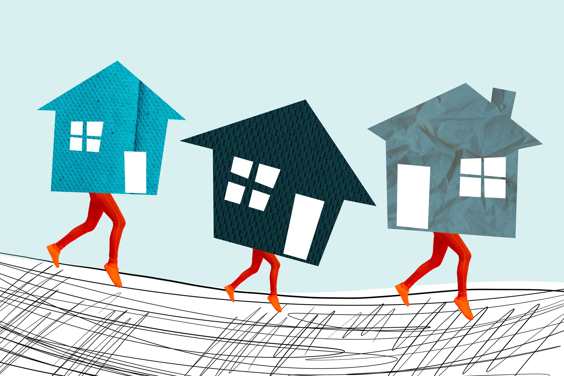 3d sketch poster trend collage image of anonym girl instead body house relocation concept legs walk new settlement moving flat